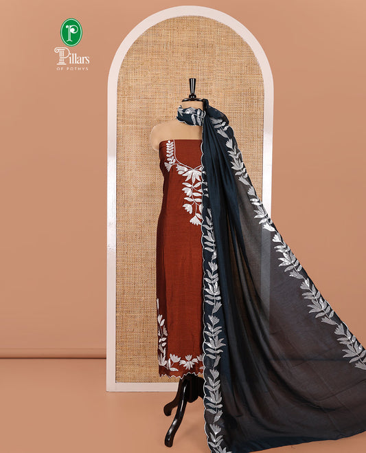 Brown Material Churidar Set, Detailed with Floral Motifs Sequins-Thread Embroidered on Its Vichitra Silk Top, Comes with a Contrast Santoon Bottom, and Paired with a Vichitra Silk Floral Embroidered Scallop Dupatta