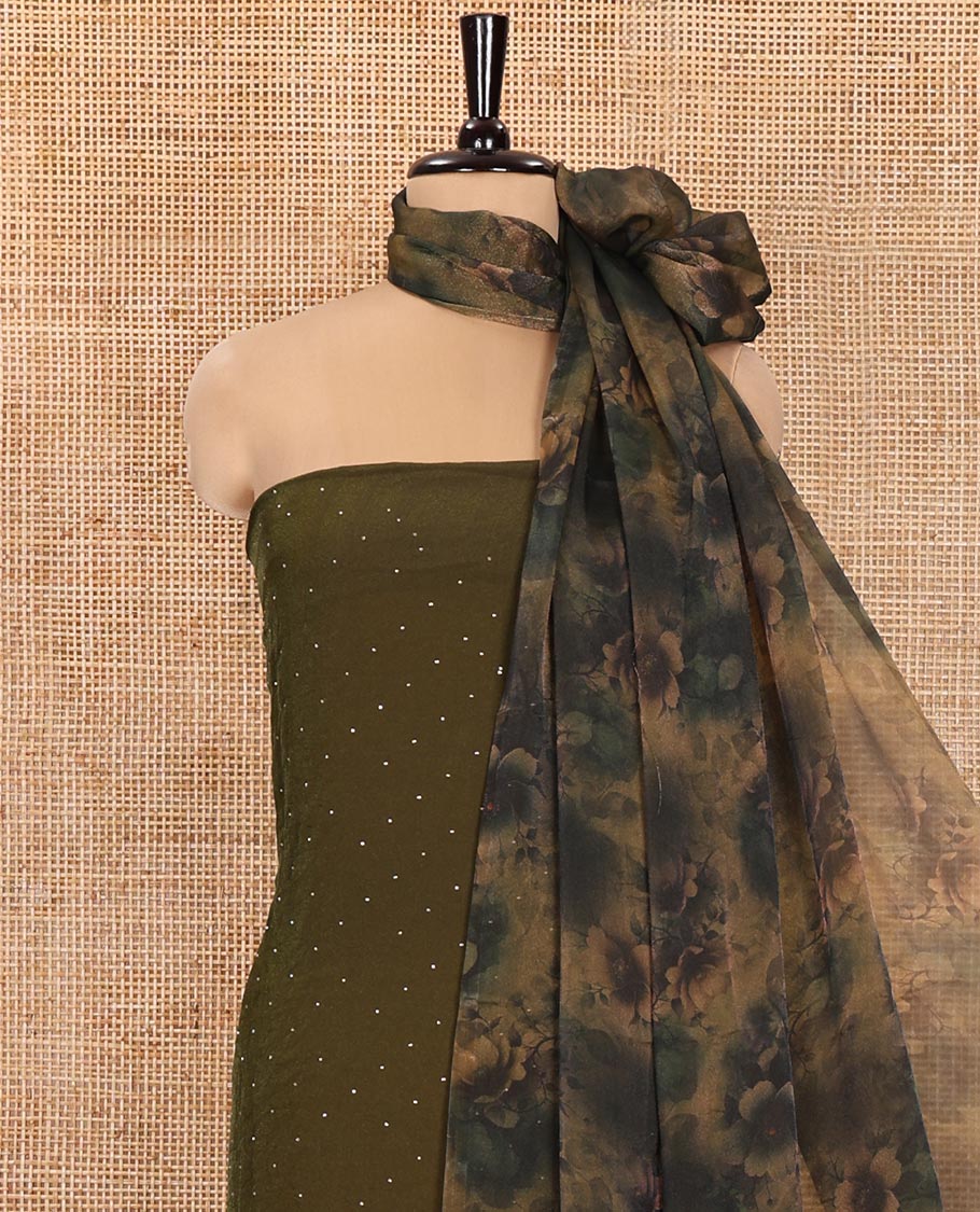 Mehendi Green Material Churidar Set, Decked Up with Swarovski Stone Work Nc Moss Organza Top, Comes with a Plain Santoon Bottom, and Floral Printed Nc Moss Organza Dupatta