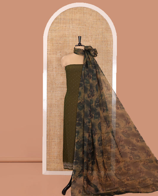 Mehendi Green Material Churidar Set, Decked Up with Swarovski Stone Work Nc Moss Organza Top, Comes with a Plain Santoon Bottom, and Floral Printed Nc Moss Organza Dupatta