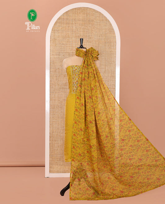 Yellow Material Churidar Set, Gleamed Up with Stone Work and Floral Print on Nc Moss Organza Top, Comes with a Plain Santoon Bottom, and Is Paired with a Nc Moss Dupatta of Floral Print and Stone Work
