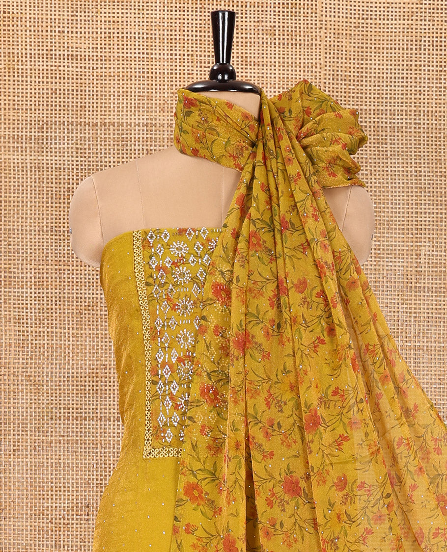 Yellow Material Churidar Set, Gleamed Up with Stone Work and Floral Print on Nc Moss Organza Top, Comes with a Plain Santoon Bottom, and Is Paired with a Nc Moss Dupatta of Floral Print and Stone Work