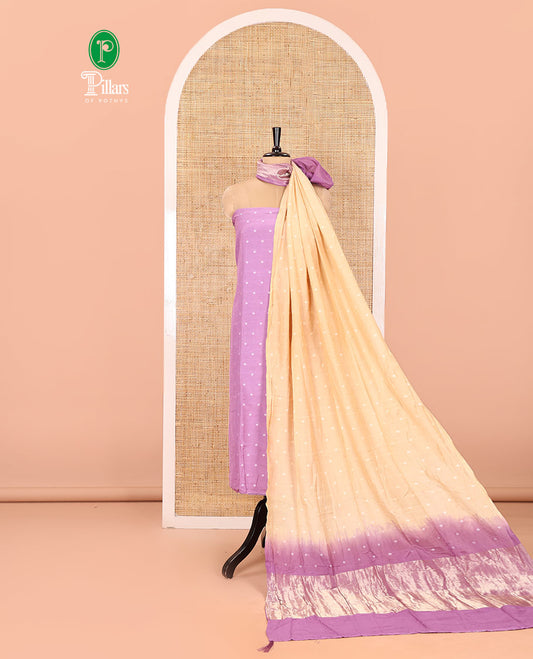 Pink and Sandal Semi-Silk Material Churidar Set, Accentuated with Bandhani Dots Print, Comes with a Plain Santoon Bottom, and Paired with a Double-Colored Dupatta of Bandhani Dots Print