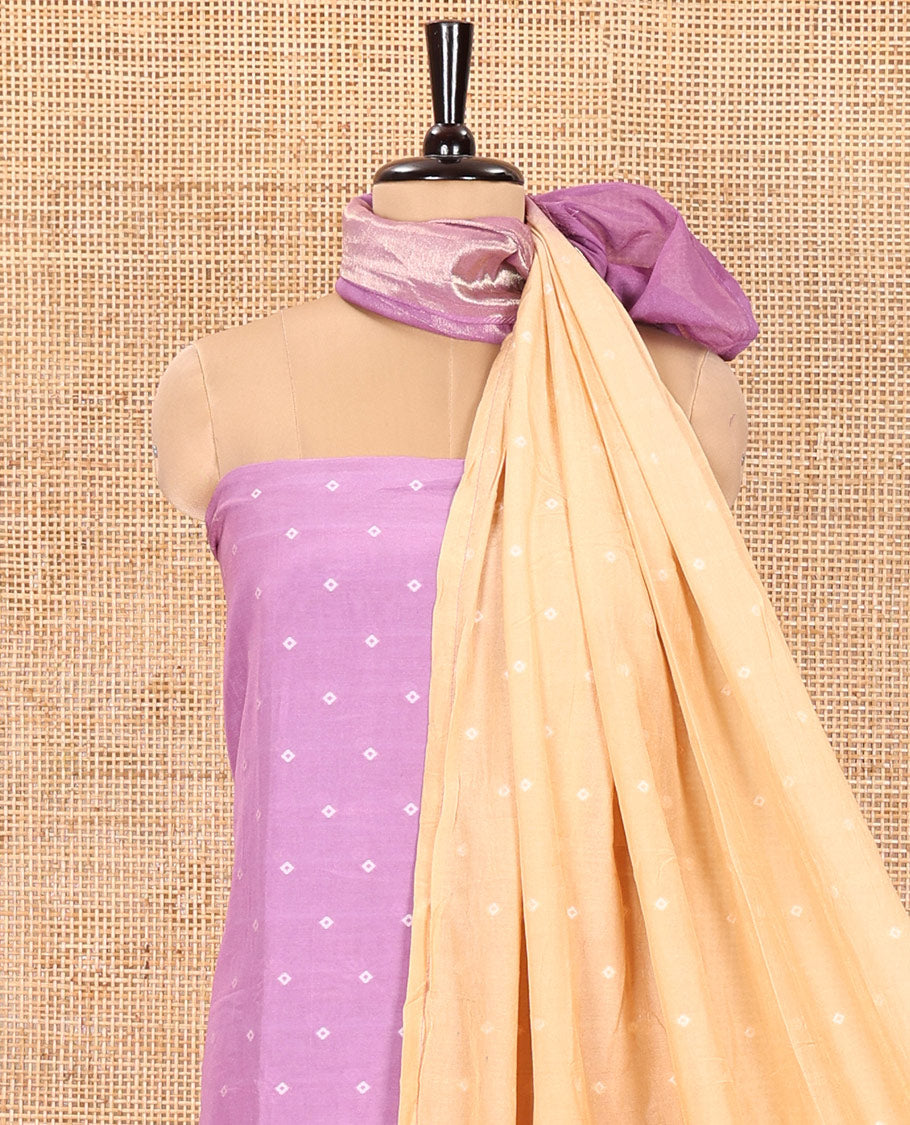 Pink and Sandal Semi-Silk Material Churidar Set, Accentuated with Bandhani Dots Print, Comes with a Plain Santoon Bottom, and Paired with a Double-Colored Dupatta of Bandhani Dots Print
