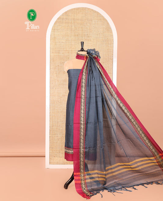 Grey Mercerised Cotton Material Churidar Set, Subtly Woven Plain with Contrast Traditional Elephant Motif Bordered Top, a Plain Santoon Bottom, and Paired with a Mercerised Cotton Dupatta