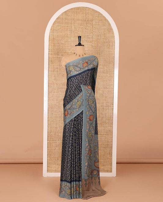 Navy blue Abstract printed Italian crepe saree, contrast kalamkari floral vine printed border, kalamkari printed pallu, and kalamkari printed blouse