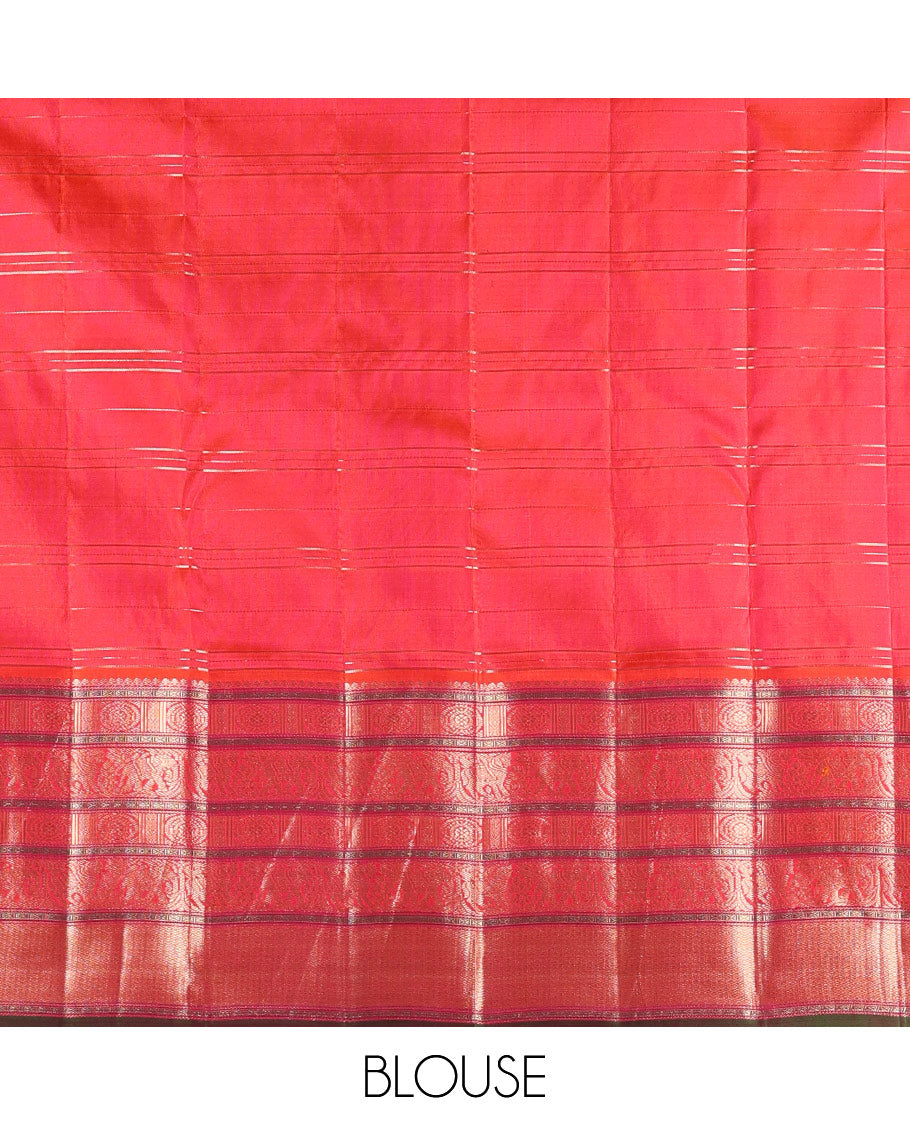 Sandal Vasundhara Silk Saree Subtly Sparkled with Zari Checks, Complemented by a Contrast Border of Thilakam Mokku, Chakram, Kodi Yaanai, Kuthirai, and Mayil Kann, Intricately Designed Pallu, and Paired with a Contrast Blouse