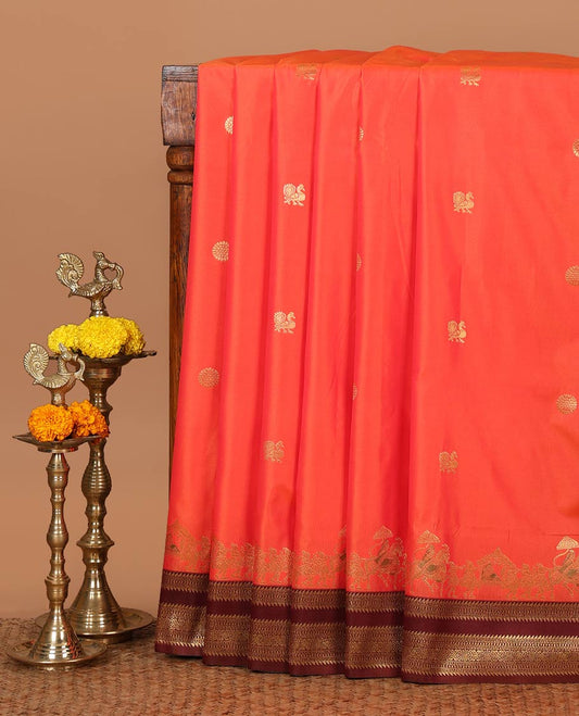 Orange mayil chakra & wedding-themed motifs semi-soft silksaree,contrast ganga jamuna rettai pettu traditional border & grand pallu