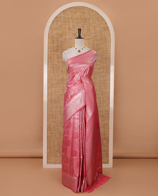Pink floral & elephant jacquard softy saree, diamond design zari border, intricate pallu & matching jacquard blouse
