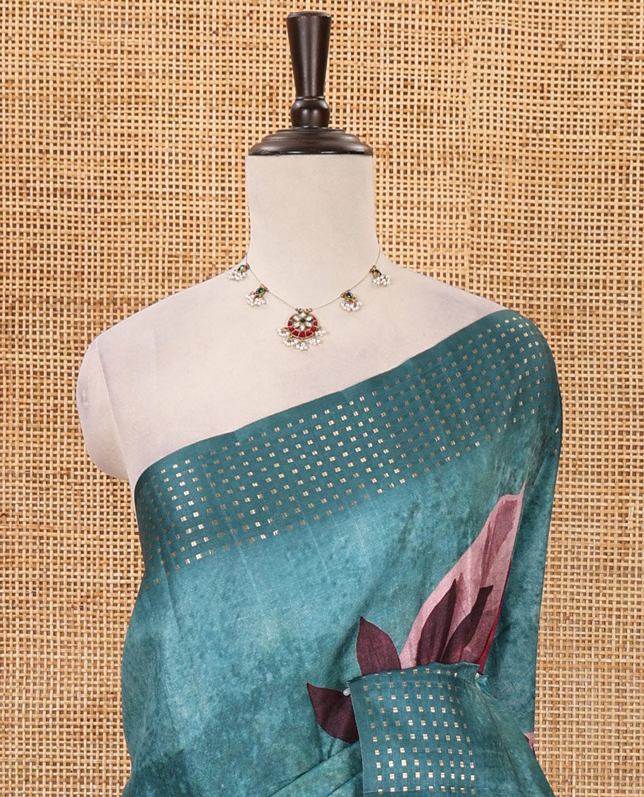 Blue floral-leaf eco-digital printed fancy tussar saree, zari border, pallu of dobby-style buttas & matching blouse of print & zari work