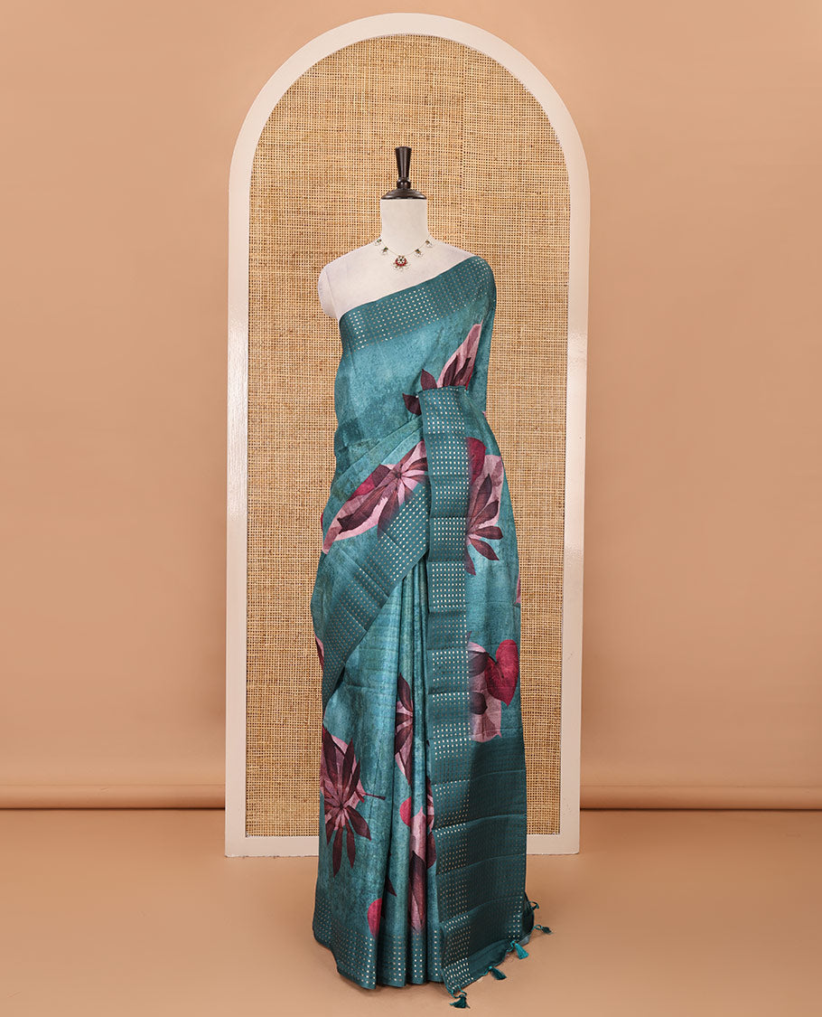 Blue floral-leaf eco-digital printed fancy tussar saree, zari border, pallu of dobby-style buttas & matching blouse of print & zari work