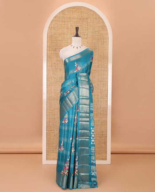Blue zari striped & floral digital printed fancy tussar silk saree traditional zari border, geometric printed pallu & discharge printed blouse