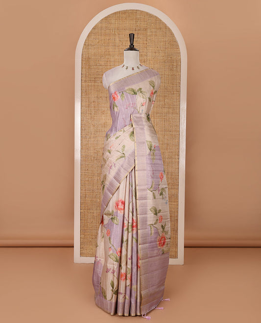 Light lavender floral-leaf printed fancy tussar silk saree, zari woven border & zari striped pallu & matching stripes & floral printed blouse