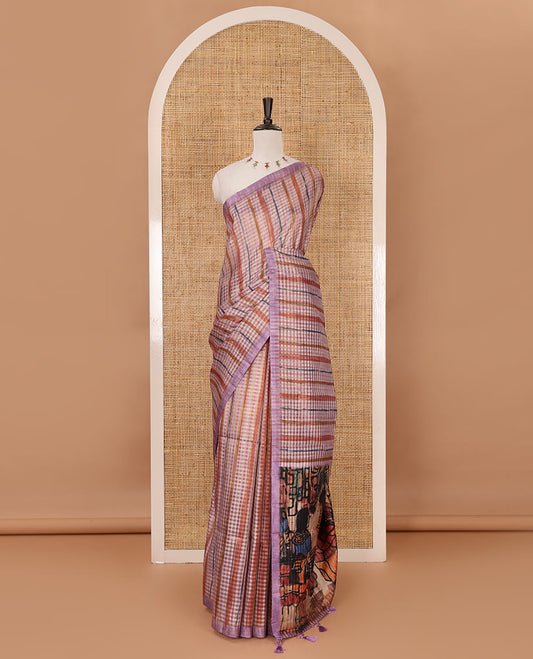 Borderless lavender checked & stripes printed fancy tussar saree, contrast painting-style Indian woven motifs printed pallu & checked printed blouse