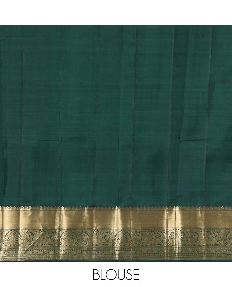 Green zari buttas and mamallapuram temple motifs zari woven silk saree, zari border of salangi, muthu, banaras, mayil, and lavangam designs, and intricate pallu