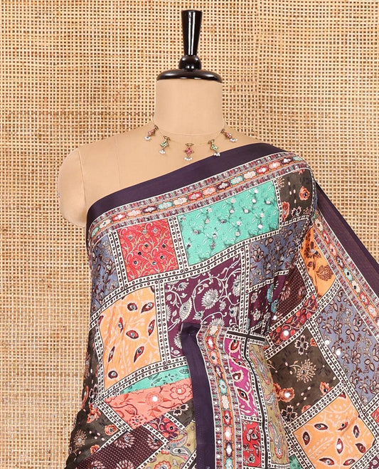 Purple kaleidoscopic-colored floral-theme printed with mirror work masakali saree, printed border, kaleidoscopic-colored printed pallu, and a matching blouse