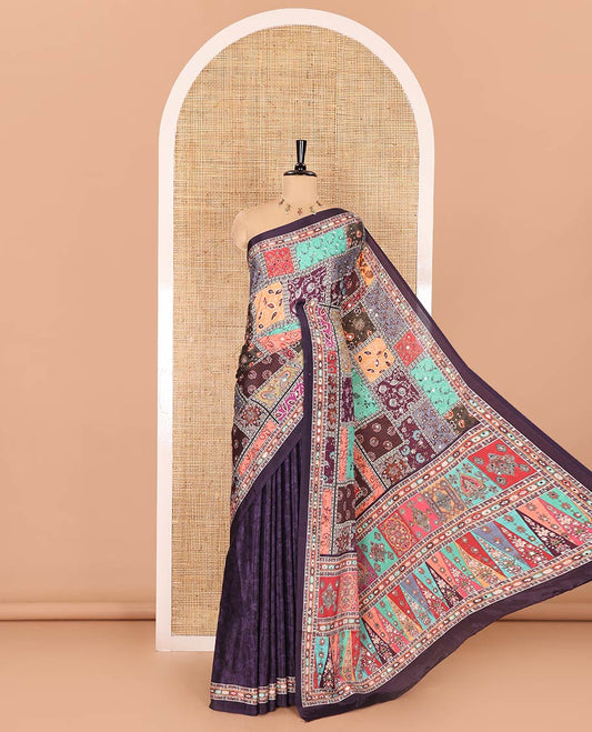 Purple kaleidoscopic-colored floral-theme printed with mirror work masakali saree, printed border, kaleidoscopic-colored printed pallu, and a matching blouse