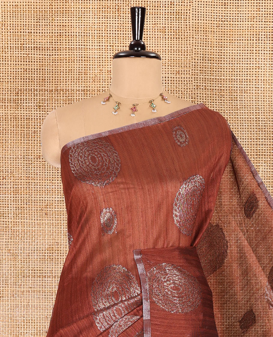 Borderless mustard neem zari circle motifs fancy tussar saree with contrast diamond-patterned zari-rich pallu, and a contrast striped blouse