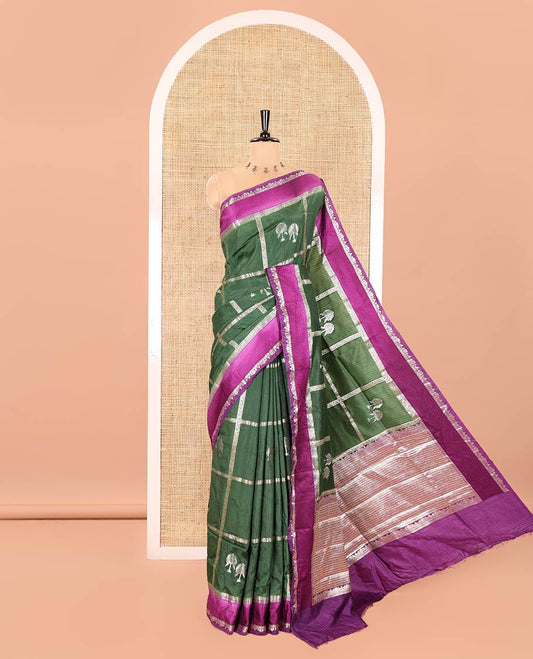 Bottle Green Green Mango-Silk Saree, Elegantly Highlighted with Meena Butta Enclosed Checks All Over Its Body, Complemented by a Contrast Floral Creeper Meenakari Border, Gleaming Zari Striped Pallu, and Paired with a Contrast Blouse