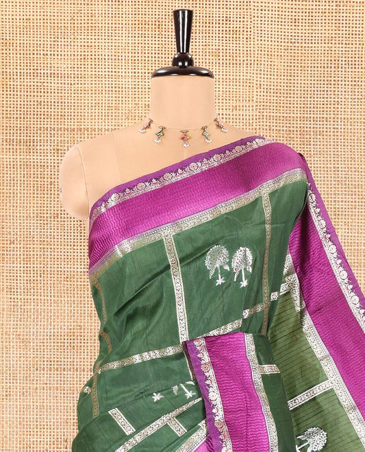 Bottle Green Green Mango-Silk Saree, Elegantly Highlighted with Meena Butta Enclosed Checks All Over Its Body, Complemented by a Contrast Floral Creeper Meenakari Border, Gleaming Zari Striped Pallu, and Paired with a Contrast Blouse