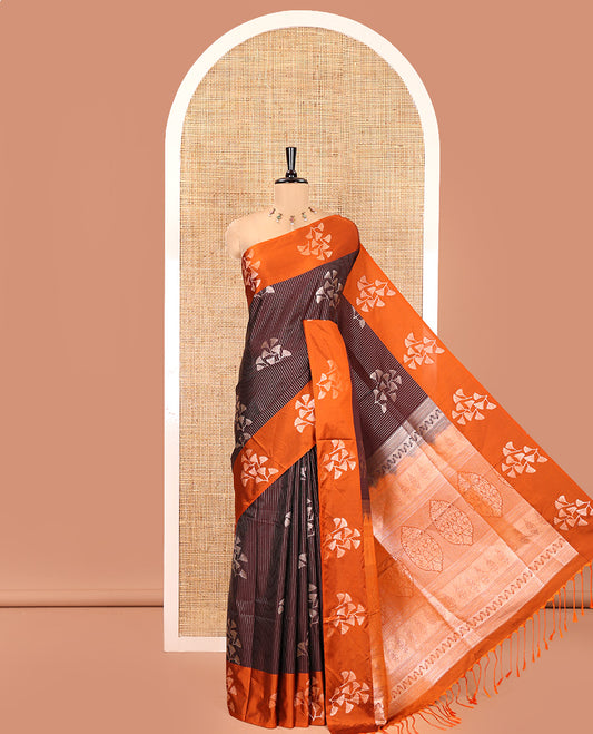 Coffee Brown Semi-Soft Silk Saree, Highlighted by Vaira Oosai Stripes and Floral Buttas All Over Its Body, Complemented by a Contrast Floral Buttas Border, an Intricately Designed Pallu, and Paired with a  Contrast Blouse