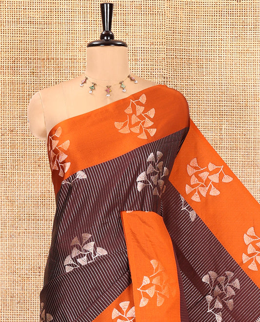 Coffee Brown Semi-Soft Silk Saree, Highlighted by Vaira Oosai Stripes and Floral Buttas All Over Its Body, Complemented by a Contrast Floral Buttas Border, an Intricately Designed Pallu, and Paired with a  Contrast Blouse
