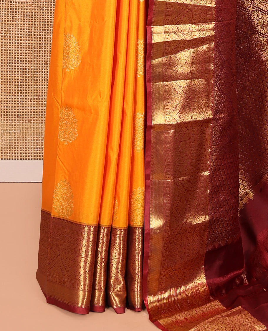 Mango Yellow Budget Silk Saree, Enriched with Zari Buttas All Over Its Body With Contrast Zari Design Border, Grand Jaal Pallu, and Contrast Blouse