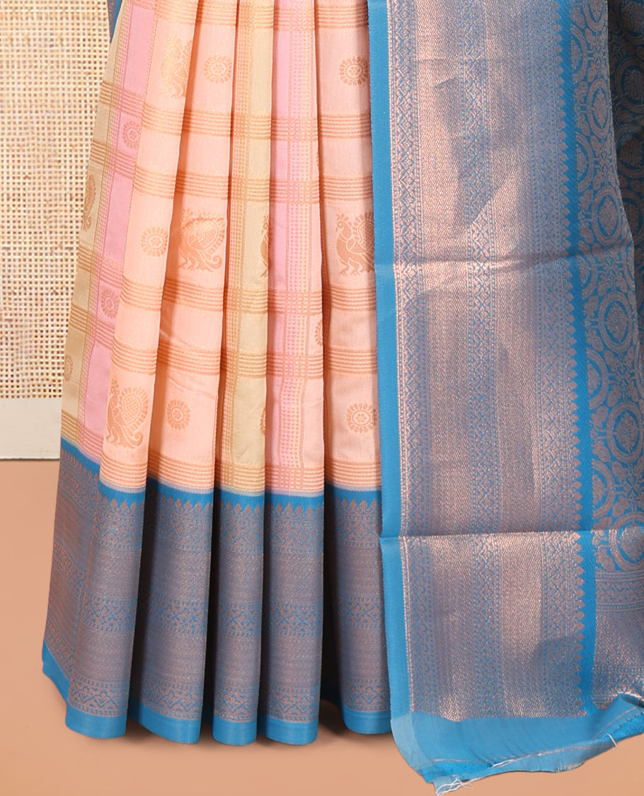 Multi-Color Zari Butta Enclosed Checks Litchi Saree, Ornamented with Contrast Traditional Border and Blouse