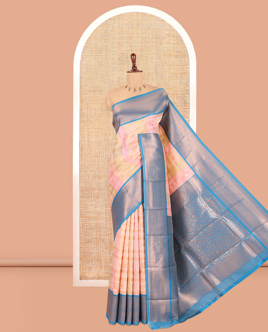 Multi-Color Zari Butta Enclosed Checks Litchi Saree, Ornamented with Contrast Traditional Border and Blouse