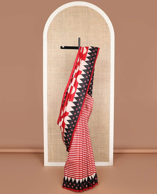 Red with white polka dot printed silk saree with contrast geometric design border & polka dot pallu