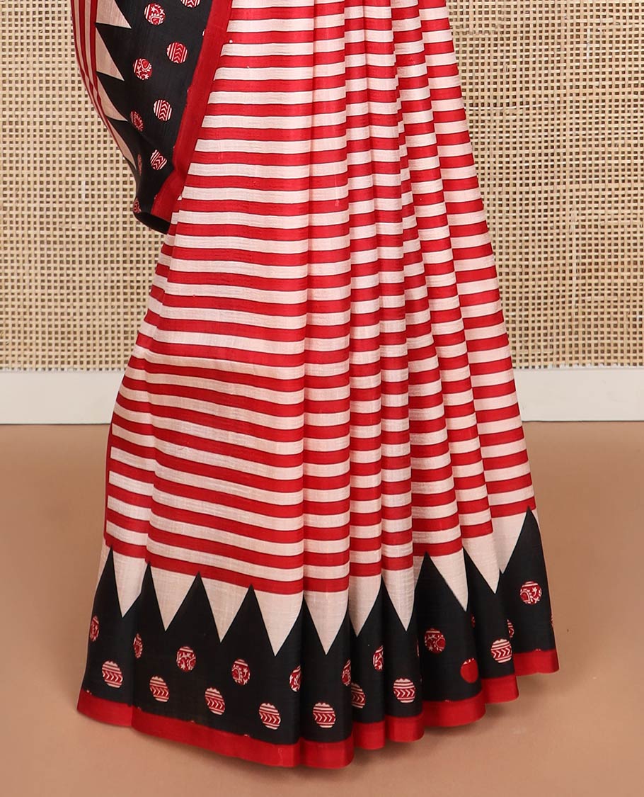 Red with white polka dot printed silk saree with contrast geometric design border & polka dot pallu