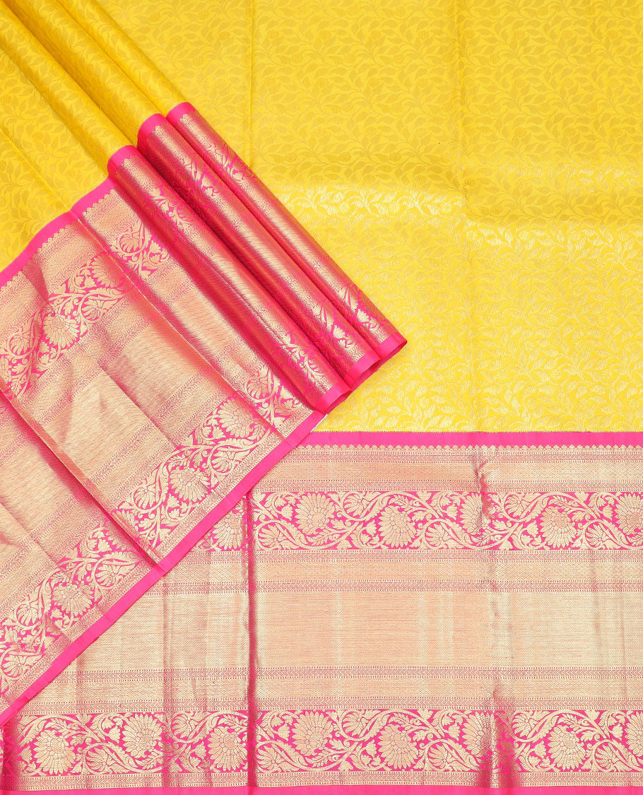 Yellow floral vine design silk half saree with contrast border of thilakam mokku, muthu, kathir, kuyil kann, kodi visiry design, zari design blouse & floral design dhavani