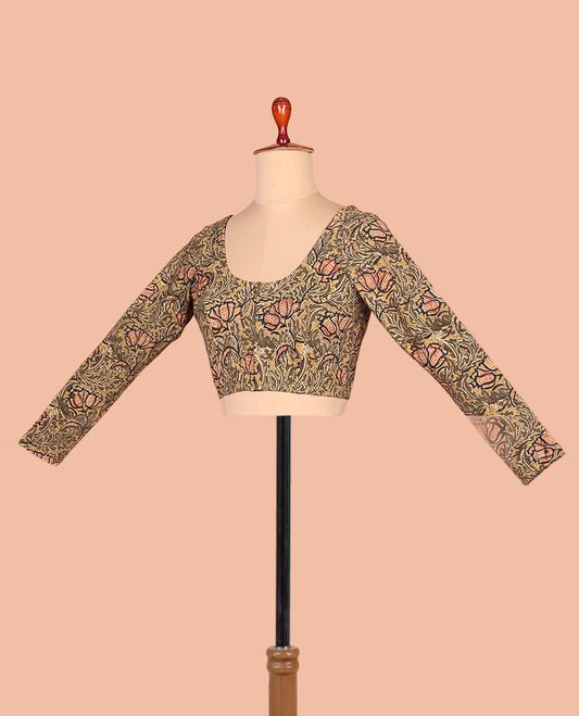 Green floral vine printed front-back round neck full-sleeved cotton readymade blouse