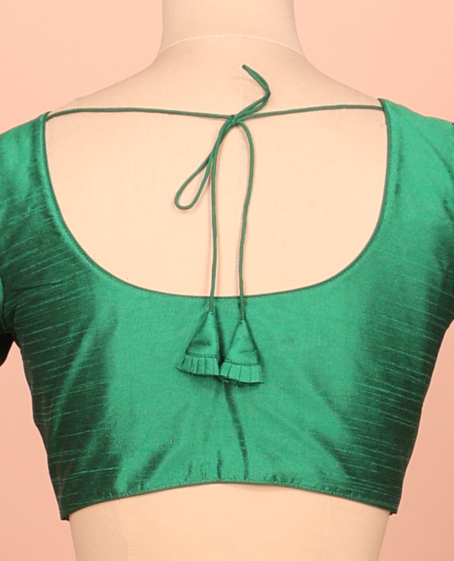 Dark Green Plain Readymade Blouse Featuring a Front Round-Neck, Back Round-Neck, and Half-Sleeve