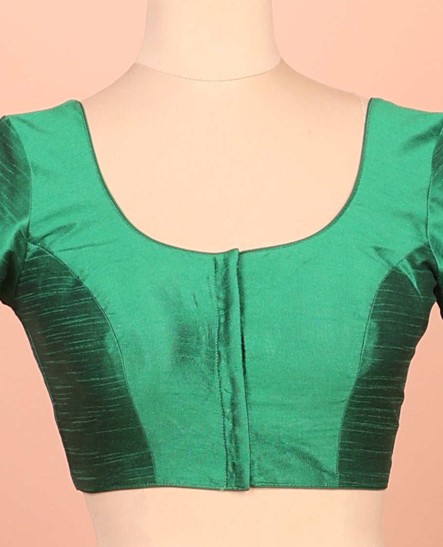 Dark Green Plain Readymade Blouse Featuring a Front Round-Neck, Back Round-Neck, and Half-Sleeve