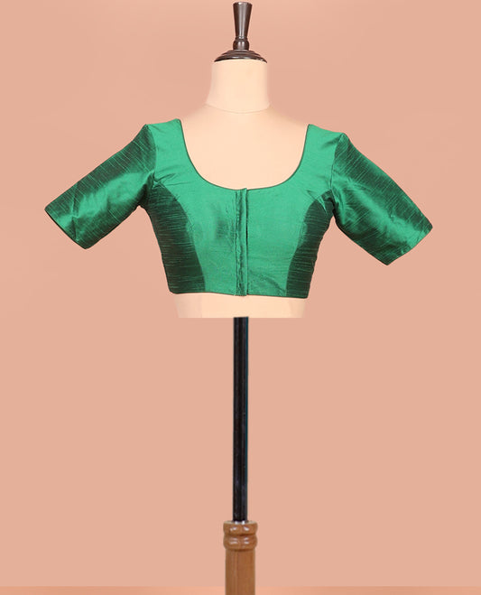 Dark Green Plain Readymade Blouse Featuring a Front Round-Neck, Back Round-Neck, and Half-Sleeve