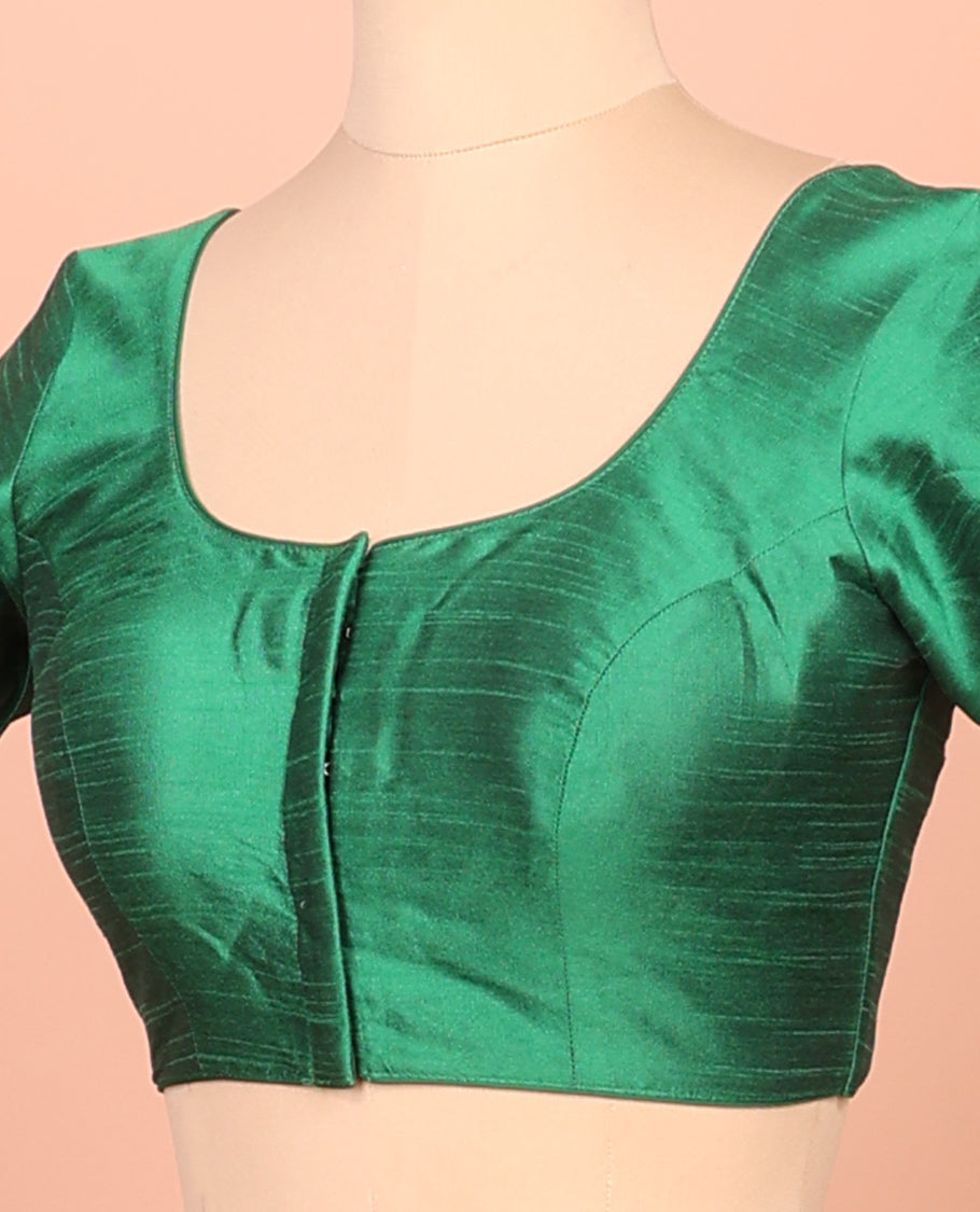 Dark Green Plain Readymade Blouse Featuring a Front Round-Neck, Back Round-Neck, and Half-Sleeve
