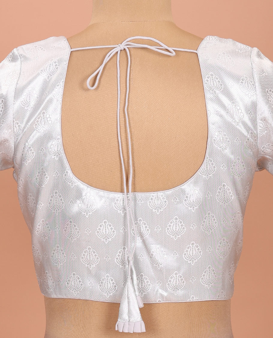White buttas front-back round neck elbow-sleeve readymade blouse