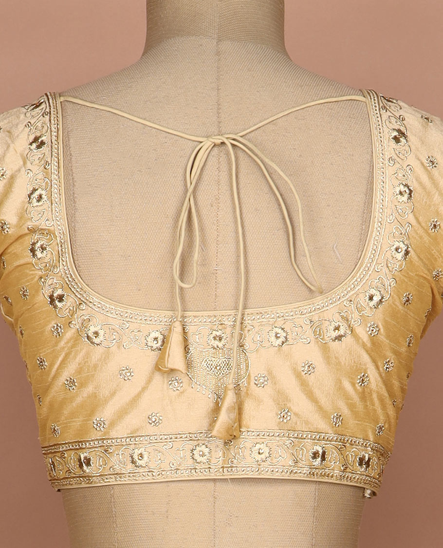 Yellow floral thread embroidered round neck elbow sleeve raw silk readymade blouse