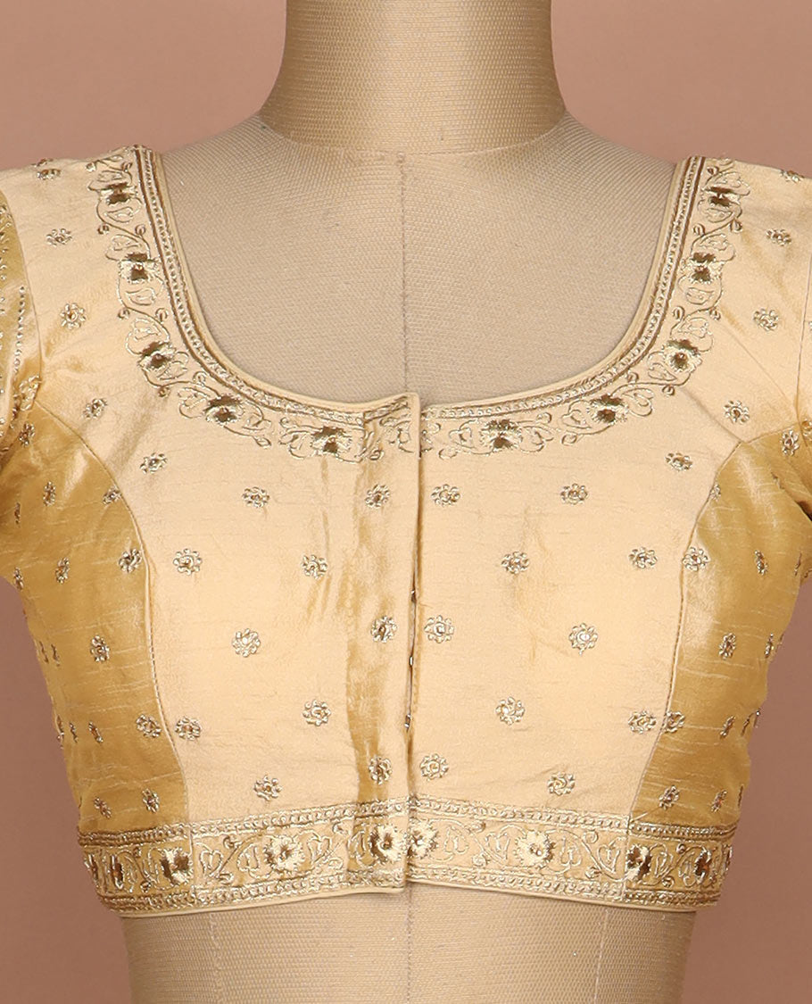 Yellow floral thread embroidered round neck elbow sleeve raw silk readymade blouse