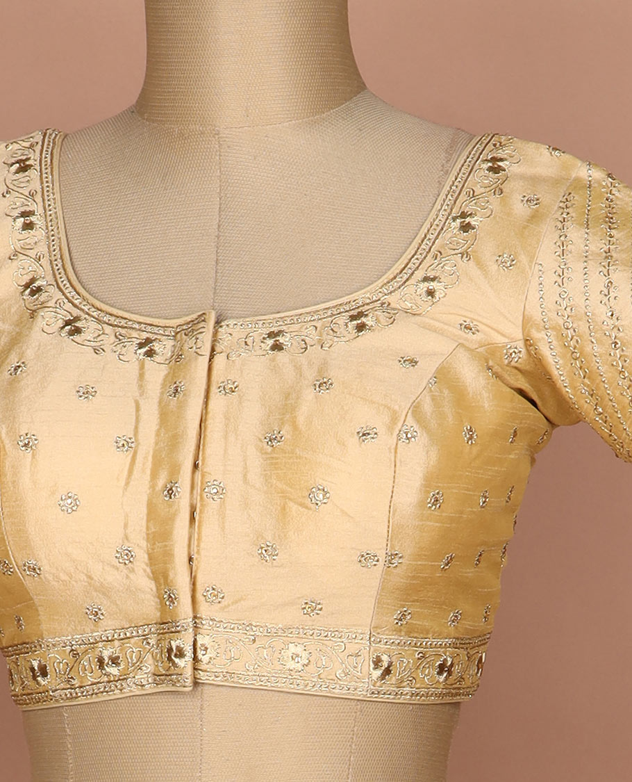 Yellow floral thread embroidered round neck elbow sleeve raw silk readymade blouse