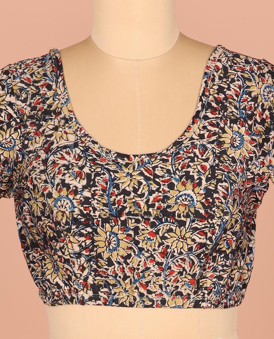 Black Readymade Blouse Accentuated with Floral Vine Prints, Featuring a Front Round-Neck, a Back Round Neck, and Elbow Sleeves