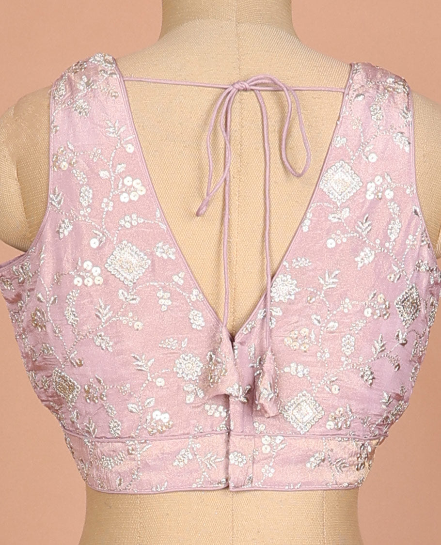 Pink-plush floral vine thread embroidered sleeveless readymade blouse with front and back deep-V neck