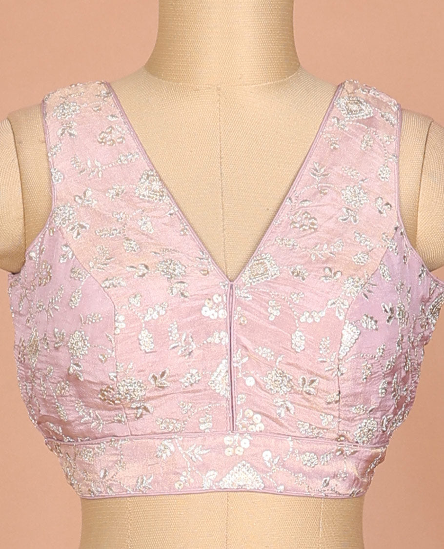 Pink-plush floral vine thread embroidered sleeveless readymade blouse with front and back deep-V neck