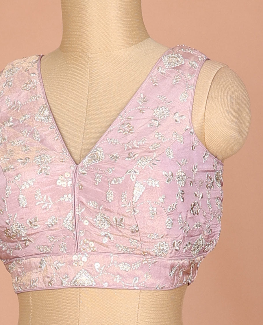 Pink-plush floral vine thread embroidered sleeveless readymade blouse with front and back deep-V neck