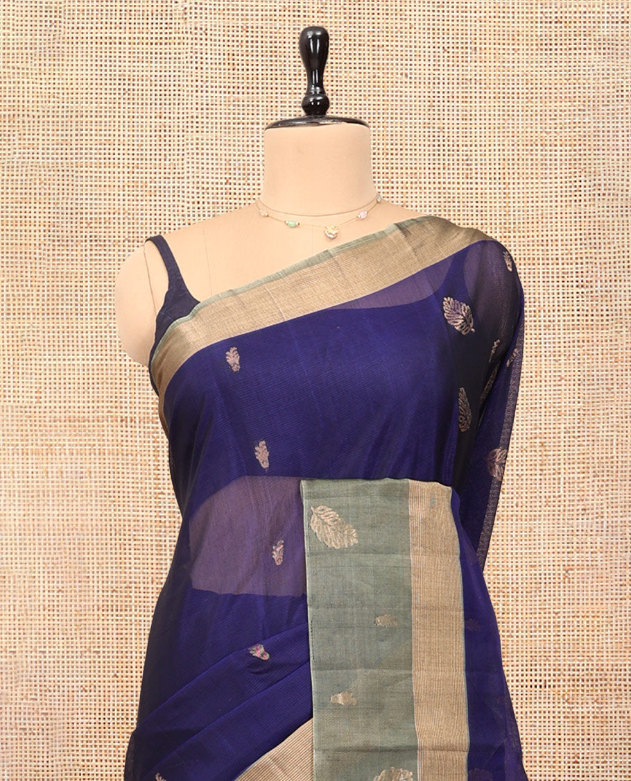 Blue Silk Cotton Saree, Bedecked with Zari Buttas, a Contrast Leaf Motif Border, Geometric Pallu, and a Contrast Blouse