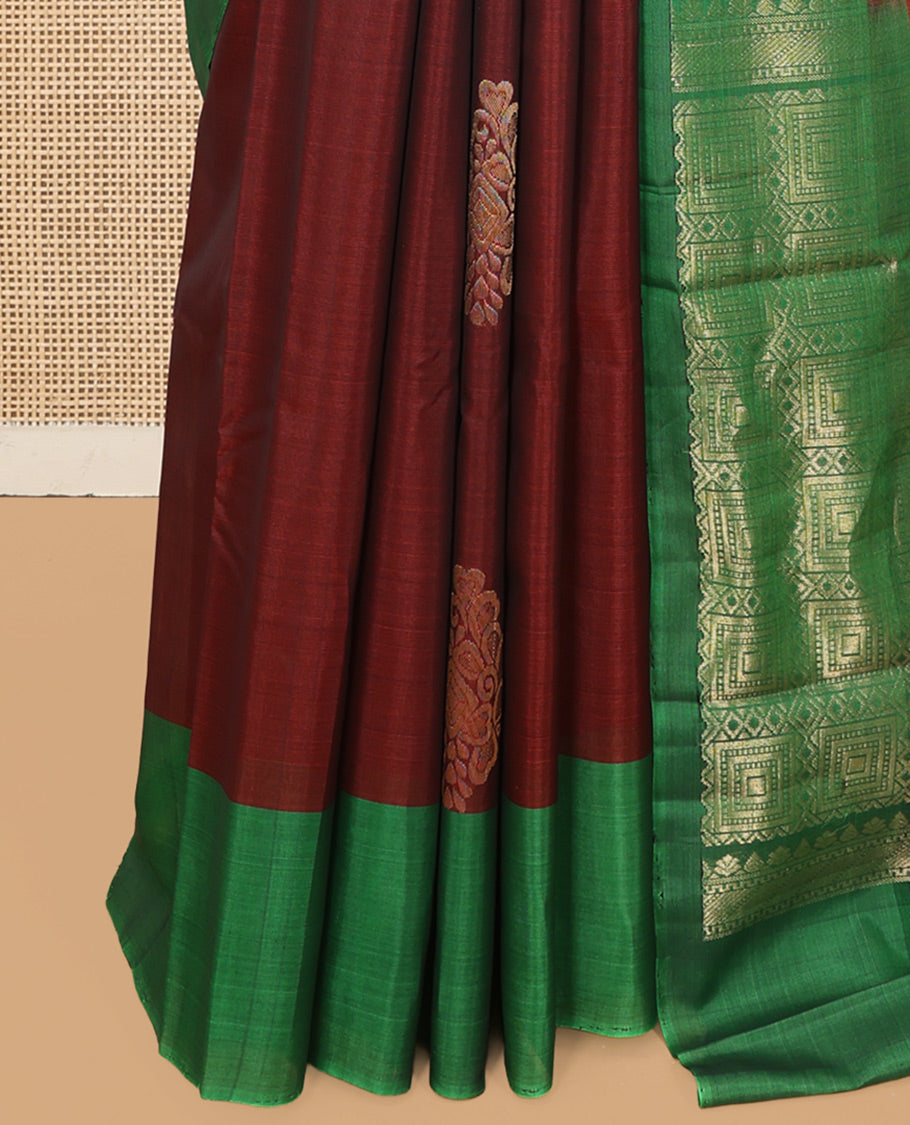 Maroon Cotton Saree, Highlighted by a Zari Leaf Motifs, a Contrast by a Zari Motif Border, a Geometric Pattern Pallu, and a Contrast Blouse