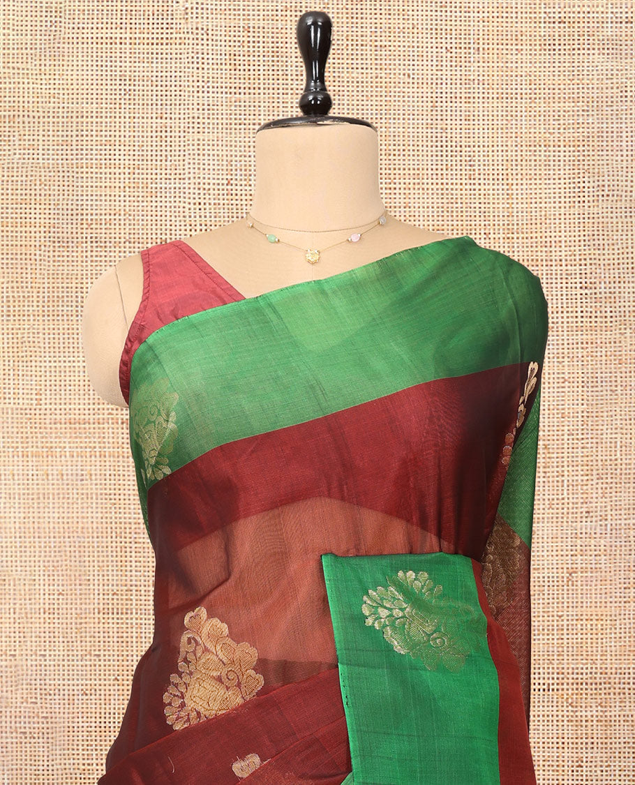 Maroon Cotton Saree, Highlighted by a Zari Leaf Motifs, a Contrast by a Zari Motif Border, a Geometric Pattern Pallu, and a Contrast Blouse