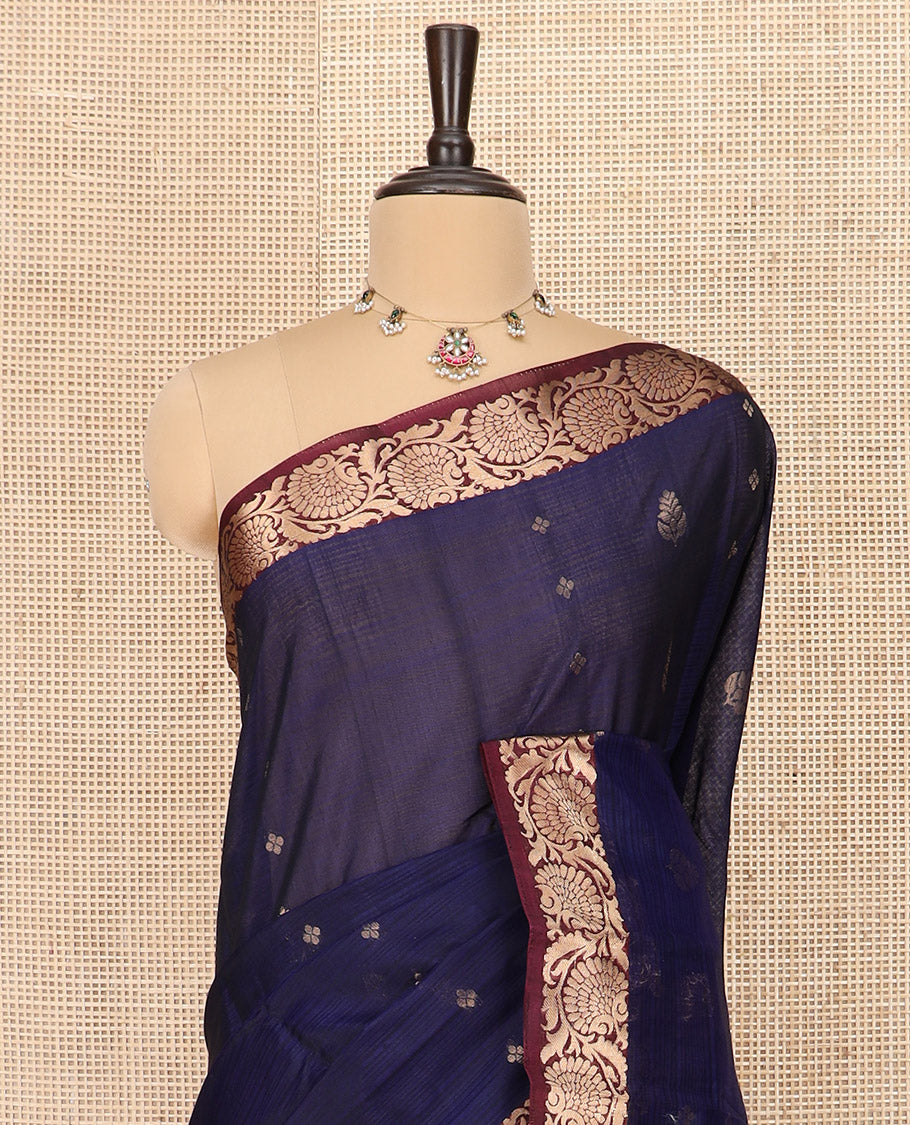 Blue Silk Cotton Saree Elegantly Embellished with Buttas All Over the Body, Complemented by a Contrast Floral Creeper Zari Border, Featuring a Contrast Pallu of Floral Zari Designs, and Paired with a Contrast Blouse