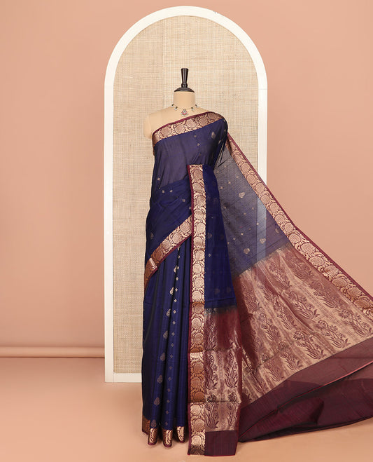 Blue Silk Cotton Saree Elegantly Embellished with Buttas All Over the Body, Complemented by a Contrast Floral Creeper Zari Border, Featuring a Contrast Pallu of Floral Zari Designs, and Paired with a Contrast Blouse