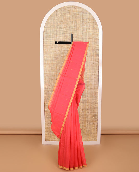 Peach geometric design silk cotton saree with self zari border & intricate zari design pallu